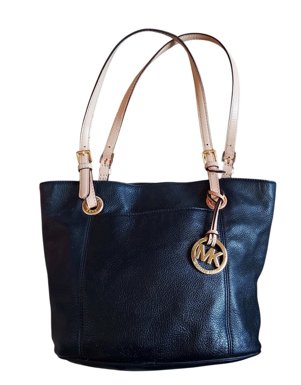 Michael Kors Women's Black Pebbled Leather Shoulder Bag Purse Dual Tan Straps